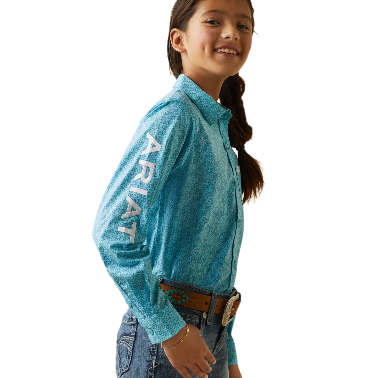 Ariat® Girl's Team Kirby Caidan Print Blue Button Down Shirt 10043457
