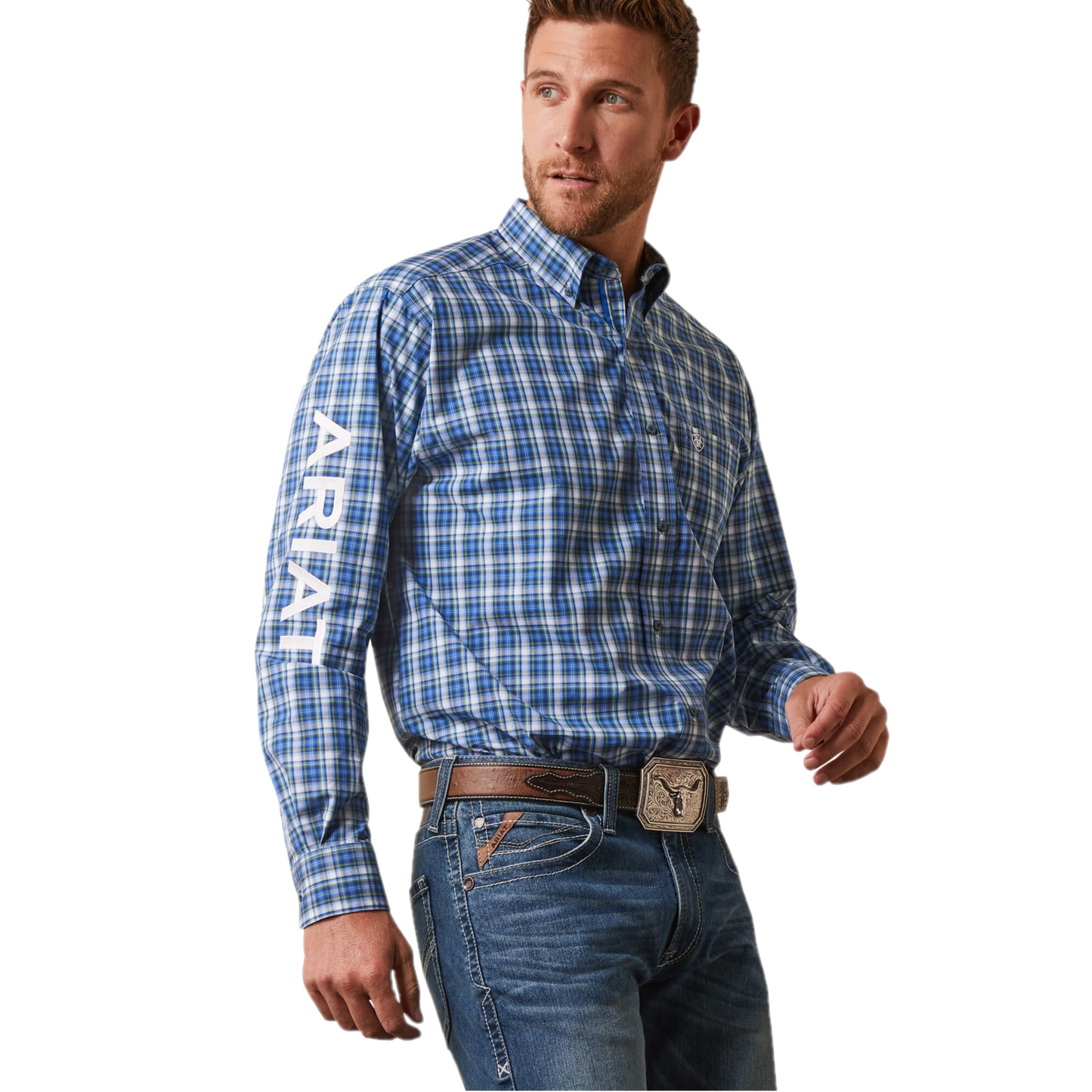 Load image into Gallery viewer, Ariat® Men&amp;#39;s Team Samson Classic Blue Plaid Button Down Shirt 10043794
