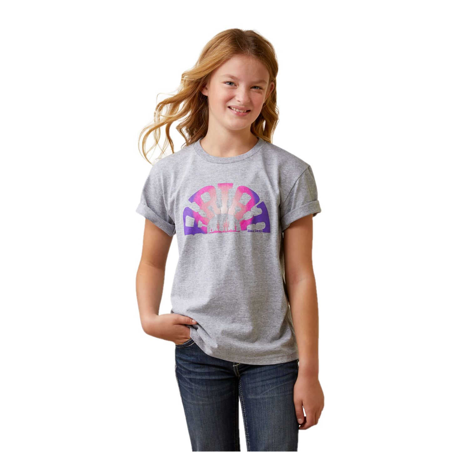 Load image into Gallery viewer, Ariat® Girls Rainbow Sunset Athletic Heather Graphic T-Shirt 10044611
