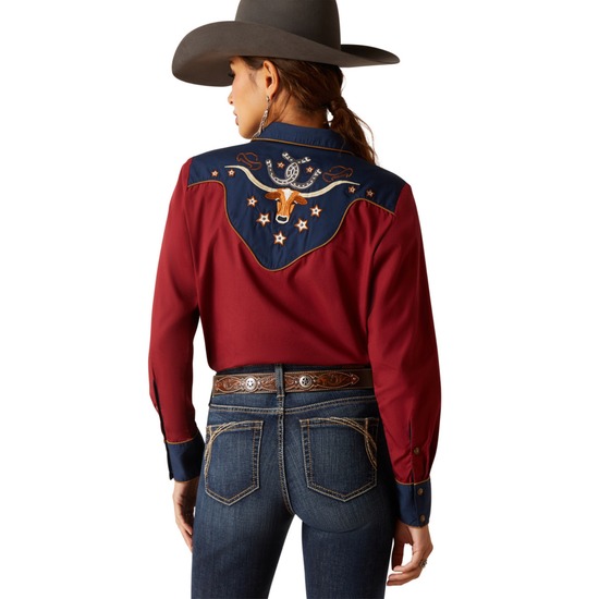 Ariat Ladies Sissy Red & Navy Longhorn Button Down Shirt 10047366