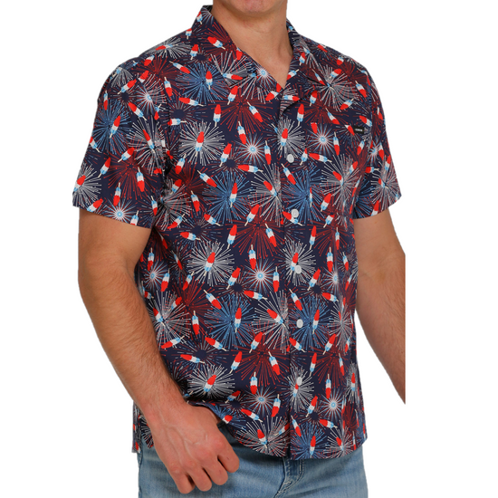 Cinch Men's Firework Graphic Button Down Navy Short Sleeve Shirt MTW1401006