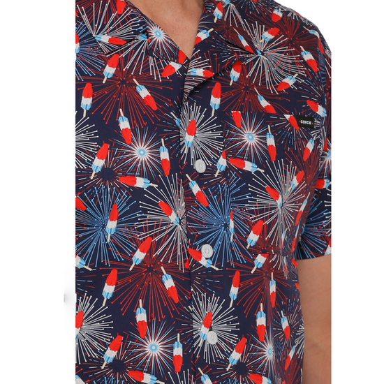 Cinch Men's Firework Graphic Button Down Navy Short Sleeve Shirt MTW1401006