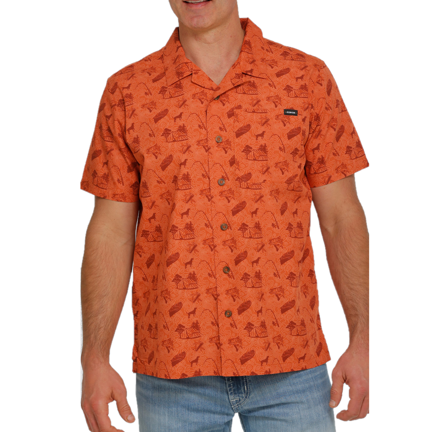 Cinch Men's Camp Graphic Orange Button Down Short Sleeve Shirt MTW1401008