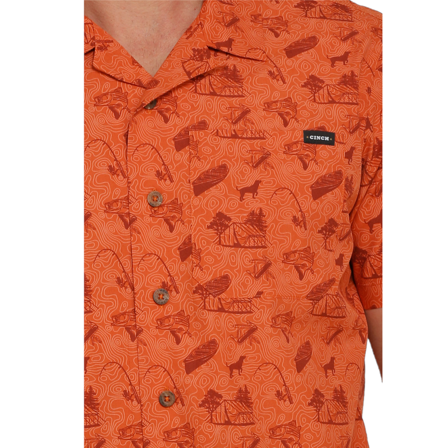 Cinch Men's Camp Graphic Orange Button Down Short Sleeve Shirt MTW1401008