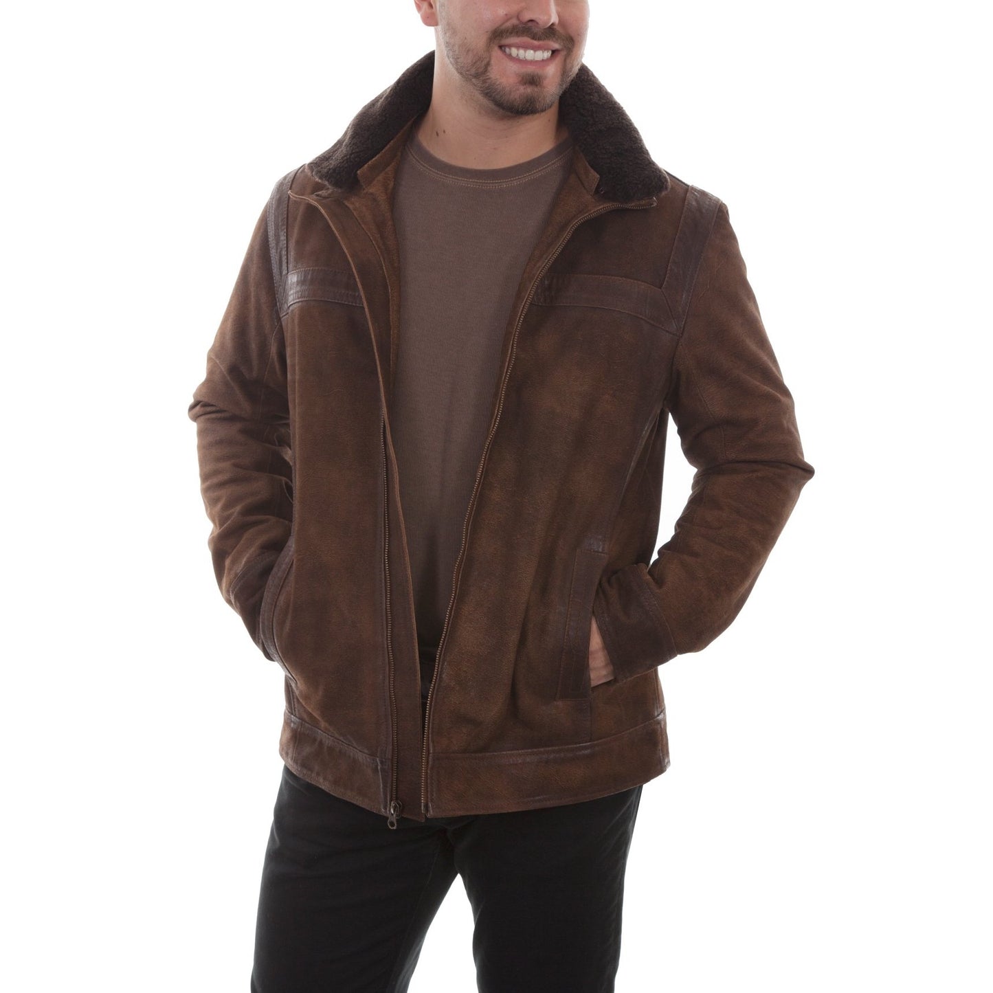 Scully Men's Shearling Collar Brown Suede Leather Jacket 1010-429
