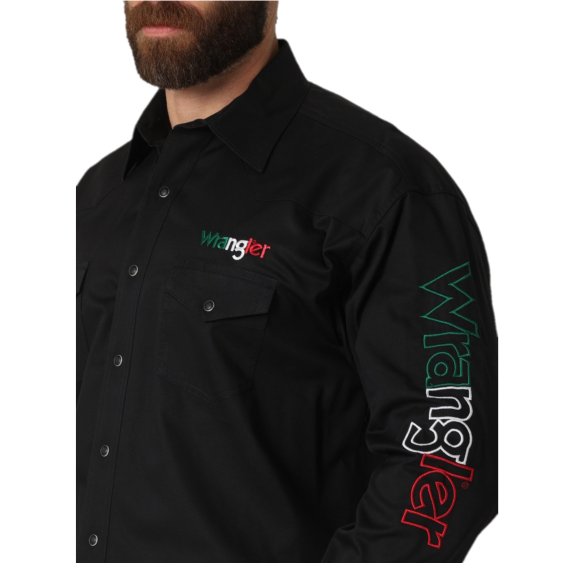 Wrangler® Men's Mexico Flag Black Logo Western Snap Shirt 112317124