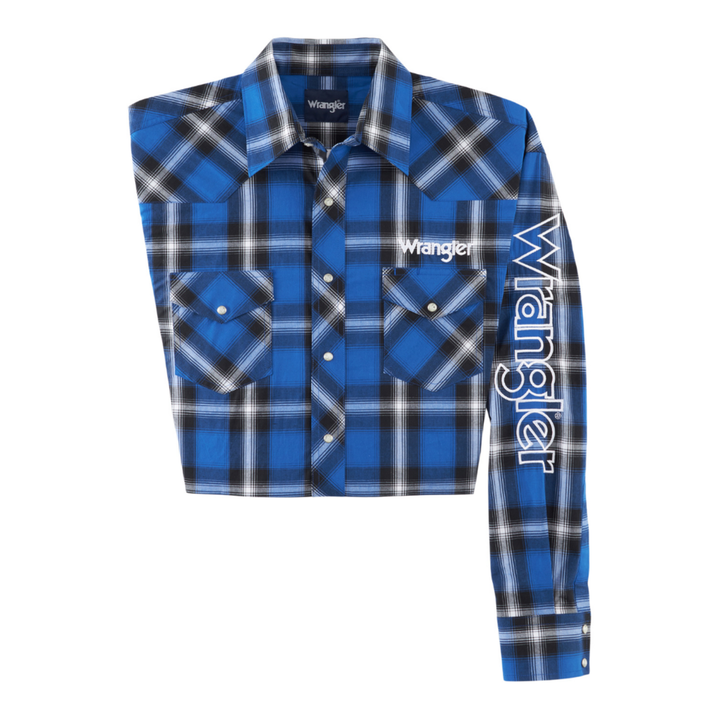 Wrangler® Men's Logo Plaid Long Sleeve Blue Snap Shirt 112318503