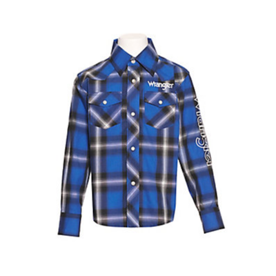 Wrangler® Youth Boy's Western Logo Blue Plaid Snap Up Shirt 112318517
