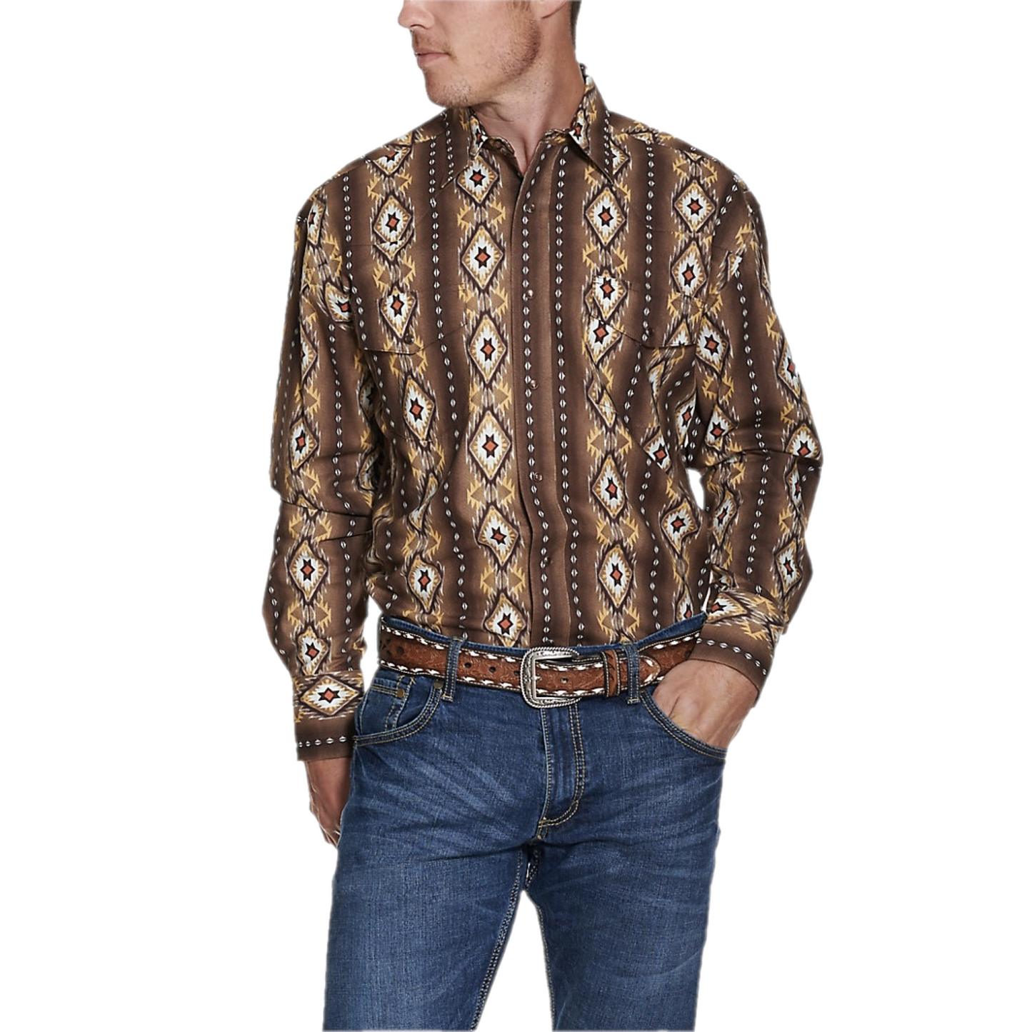 Wrangler® Men's Checotah Classic Fit Aztec Brown Snap Shirt 112318601
