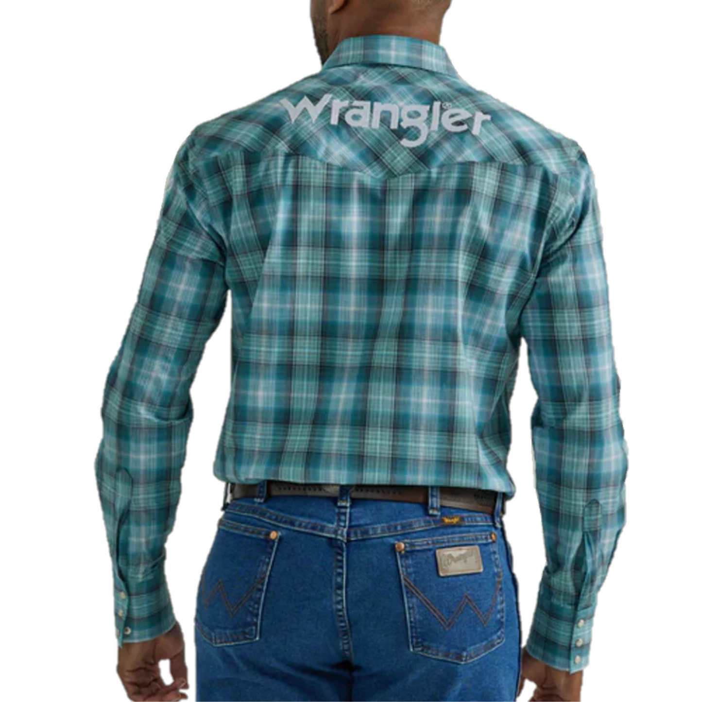 Wrangler® Men's Light Blue Plaid Logo Button Down Shirt 2330339