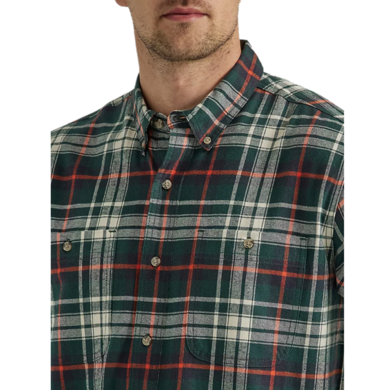 Wrangler Men's Rugged Wear Green Orange Flannel Plaid Shirt 112330381