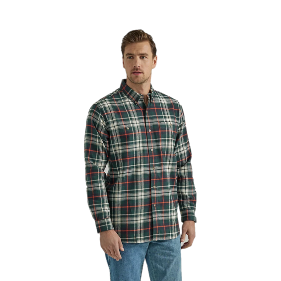 Wrangler Men's Rugged Wear Green Orange Flannel Plaid Shirt 112330381