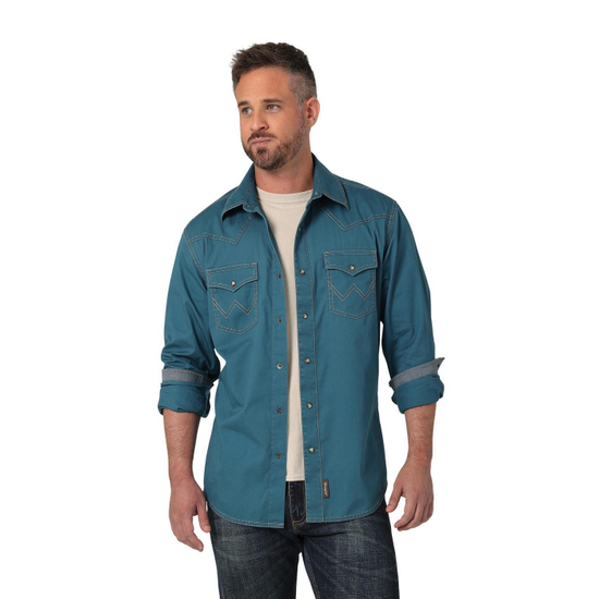 Wrangler Men's Blue Solid Retro Snap Button Down Shirt 112330785