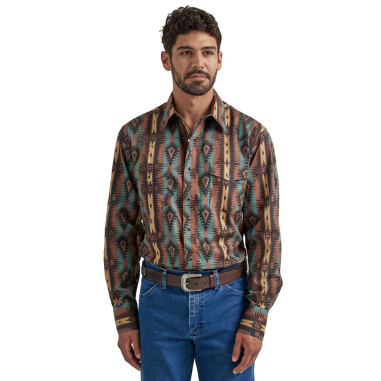 Wrangler Men's Silver Edition Checotah Aztec Brown Snap Shirt 112337428