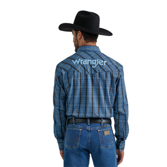 Wrangler Mens Logo Plaid Print Blue Western Button Down Shirt 112337439