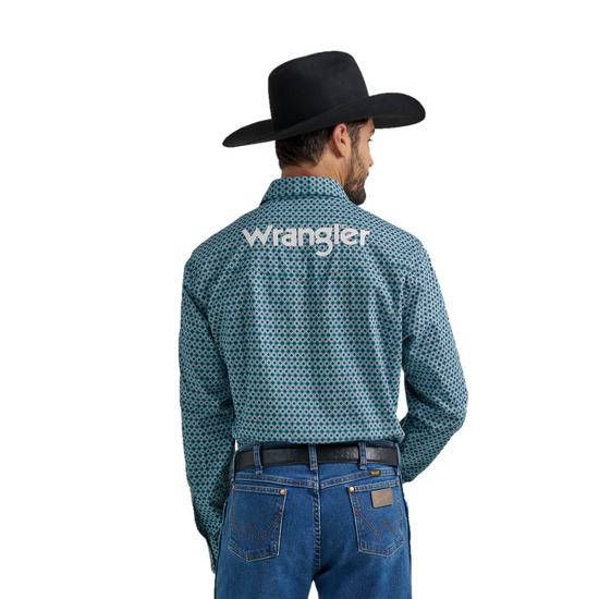 Wrangler Men's Logo Geometric Print Navy Button Down Shirt 112337440