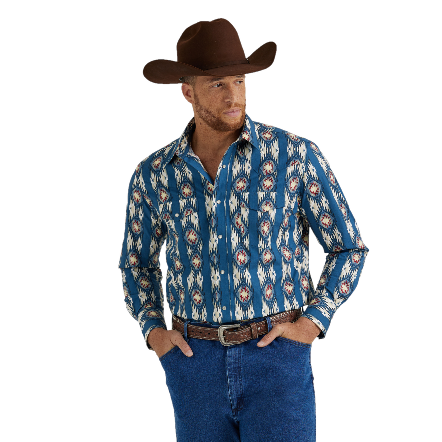 Wrangler Men's Checotah Western Printed Blue Snap Up Shirt 112344419