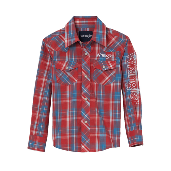 Wrangler Youth Boy's Western Logo Red Plaid Button Down Shirt 112344422