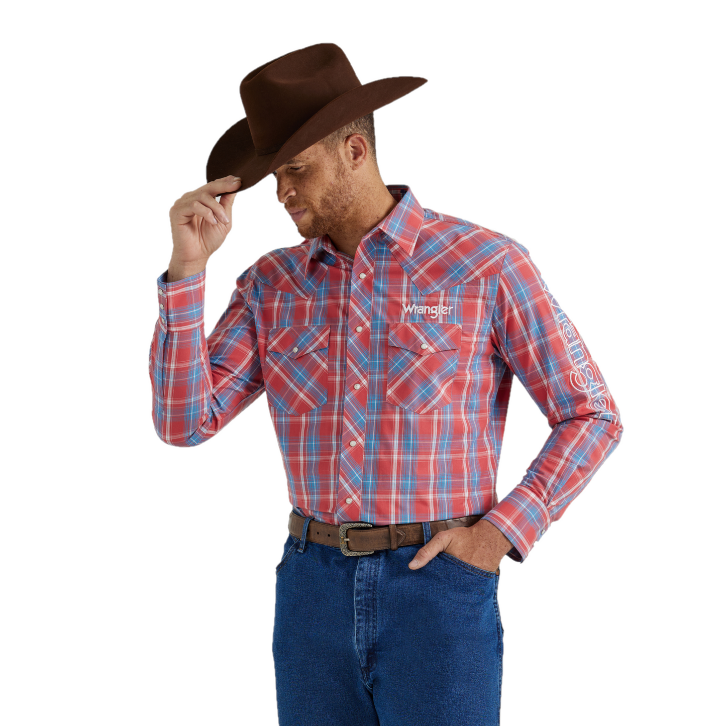 Wrangler Men's Western Logo Red Plaid Button Down Shirt 112344433