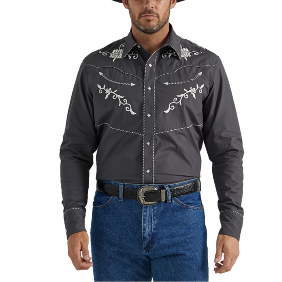 Wrangler Men's Rodeo Ben Grey Embroidered Button Down Shirt 112345061