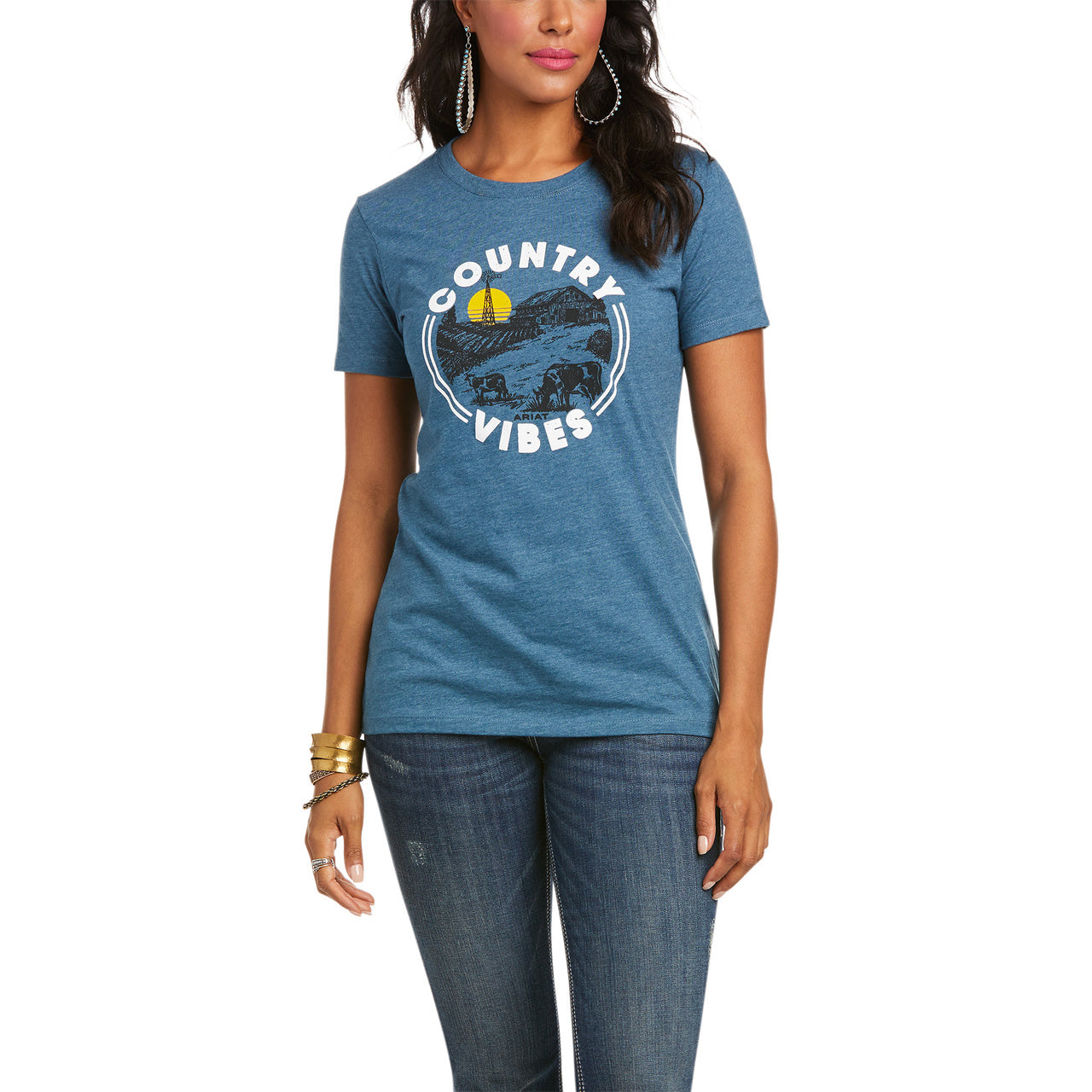Load image into Gallery viewer, Ariat Ladies Country Vibes Steel Blue Heather Tee 10036636
