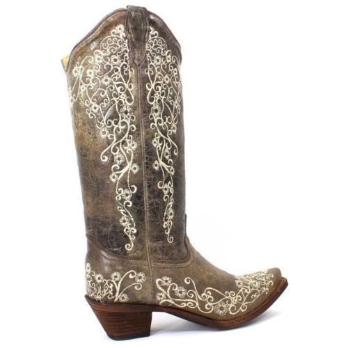 Corral Distressed Brown with Bone Embroidery Cowgirl Boots A1094 - Wild West Boot Store - 3