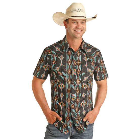 Rock & Roll Cowboy Men's Caribbean Aztec Short Sleeve Snap Shirt RRMS1SRZ7T-83