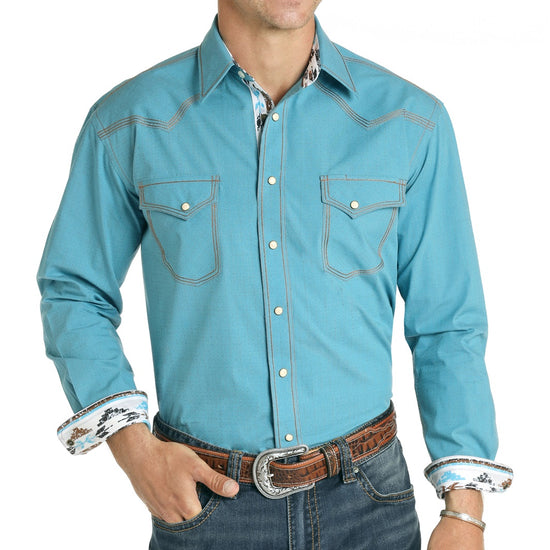 Panhandle Men's Blue Solitude Vintage Dobby Button Down Shirt R0F4017