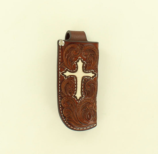 Nocona Floral Ivory Cross Inlay Brown Leather Knife Sheath 1804408
