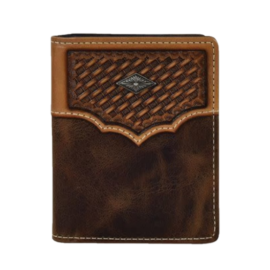 Justin Men's Front Pocket Brown Basket Weave Yoke Bifold Wallet 2030783W3