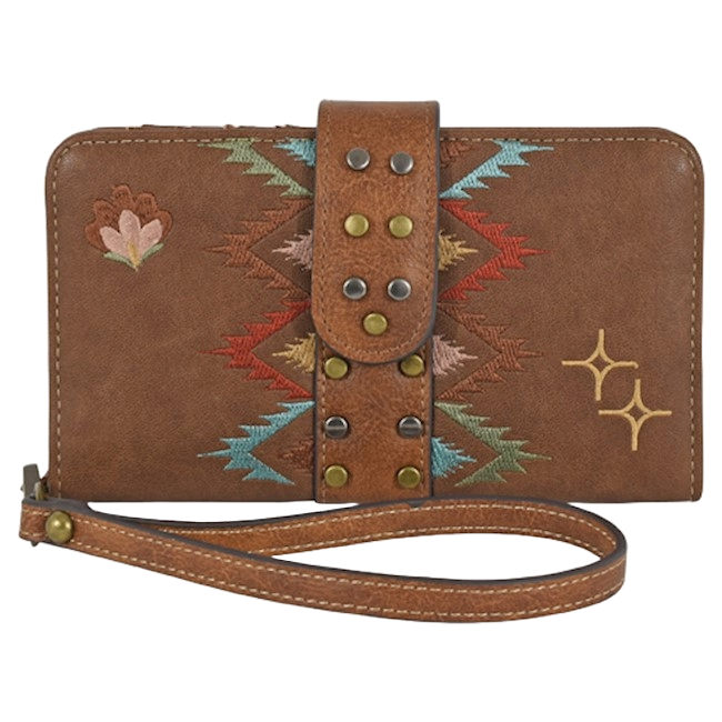 Catchfly Ladies Embroidered Brown Leather Wristlet Wallet 22029717W
