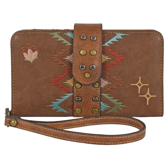 Catchfly Ladies Embroidered Brown Leather Wristlet Wallet 22029717W