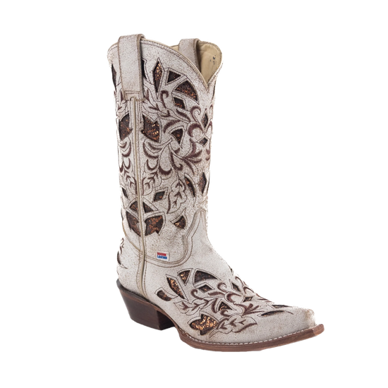 RockinLeather Ladies Cracked White Snip Toe Western Boots 2205