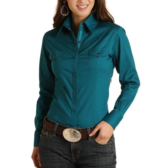 Panhandle Ladies Solid Stretch Long Sleeve Teal Snap Shirt 22S1601-83