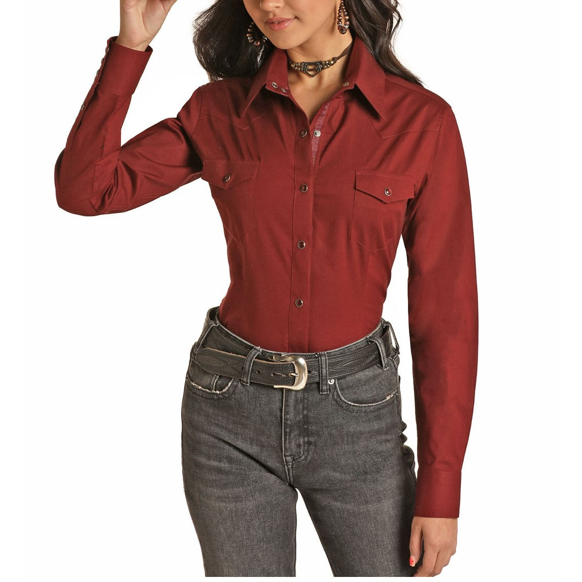 Panhandle Ladies Solid Stretch Maroon Snap Shirt 22S1601-60
