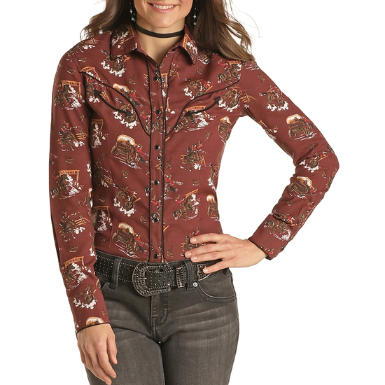 Panhandle® Ladies Retro Cowboy Print Snap Up Long Sleeve Shirt 22S2081