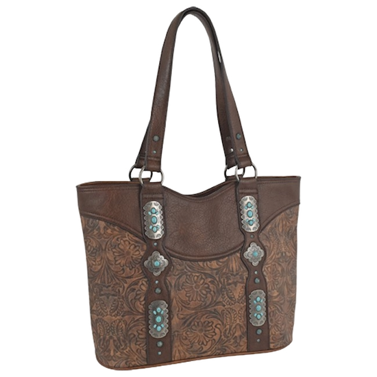 Justin Ladies Floral Tooled Rich Brown Leather Tote Bag 23051491
