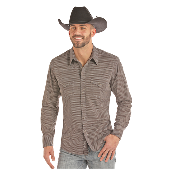 Rock & Roll Cowboy Men's Brown Poplin Print LS Snap Shirt B2S2321