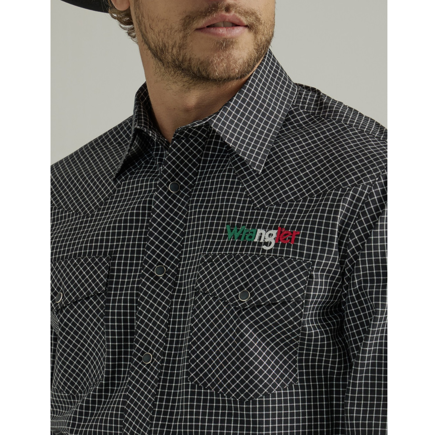 Wrangler Men's Black Checkered Mexico Flag Button Down Shirt 2330376