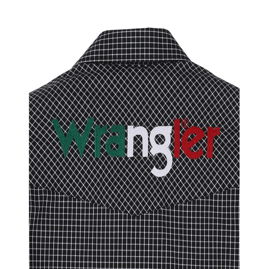 Wrangler Men's Black Checkered Mexico Flag Button Down Shirt 2330376