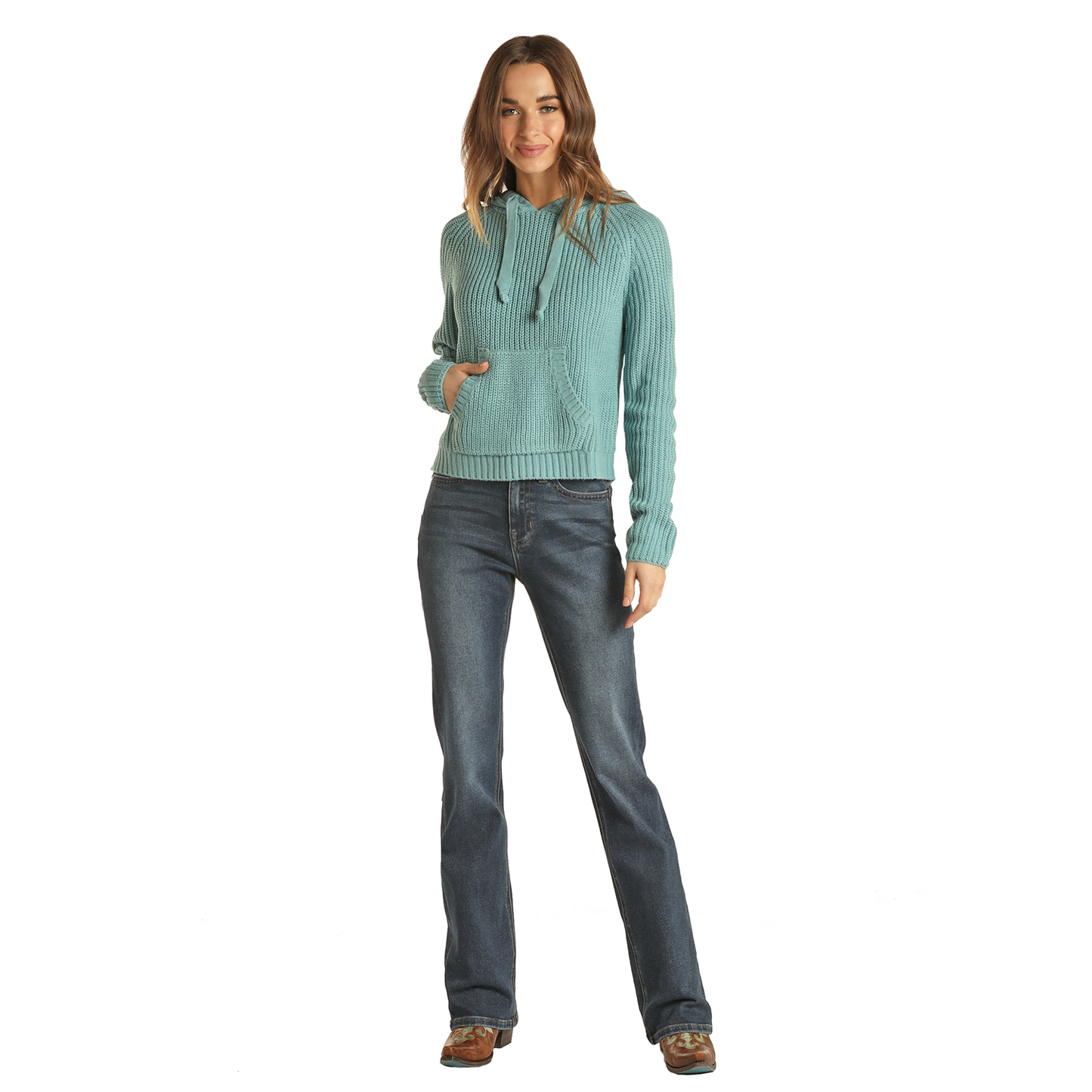 Rock & Roll Cowgirl® Ladies Knit Dusty Turquoise Hoodie 48H2343