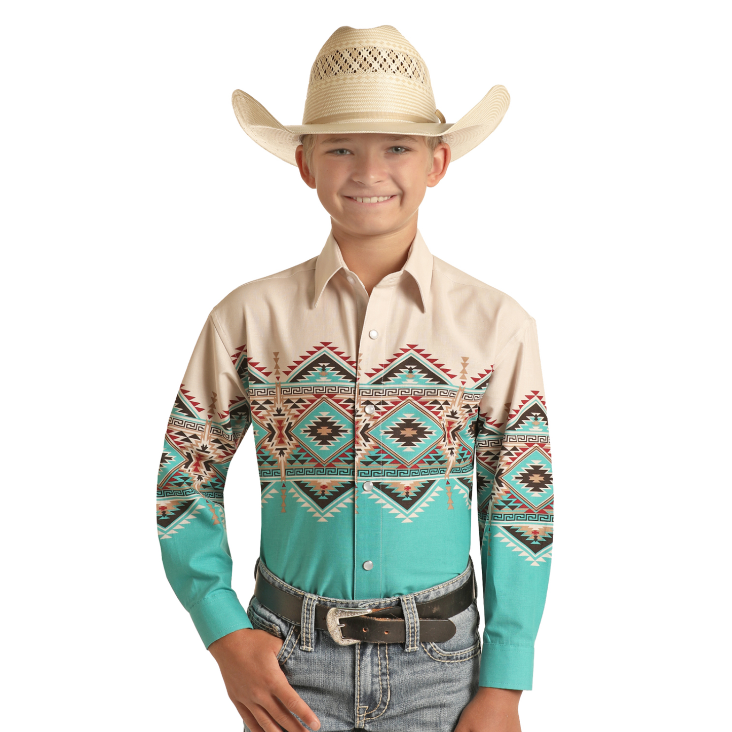 Panhandle® Boy's Western Peacock Aztec Long Sleeve Snap Shirt PHBSOSR0MX