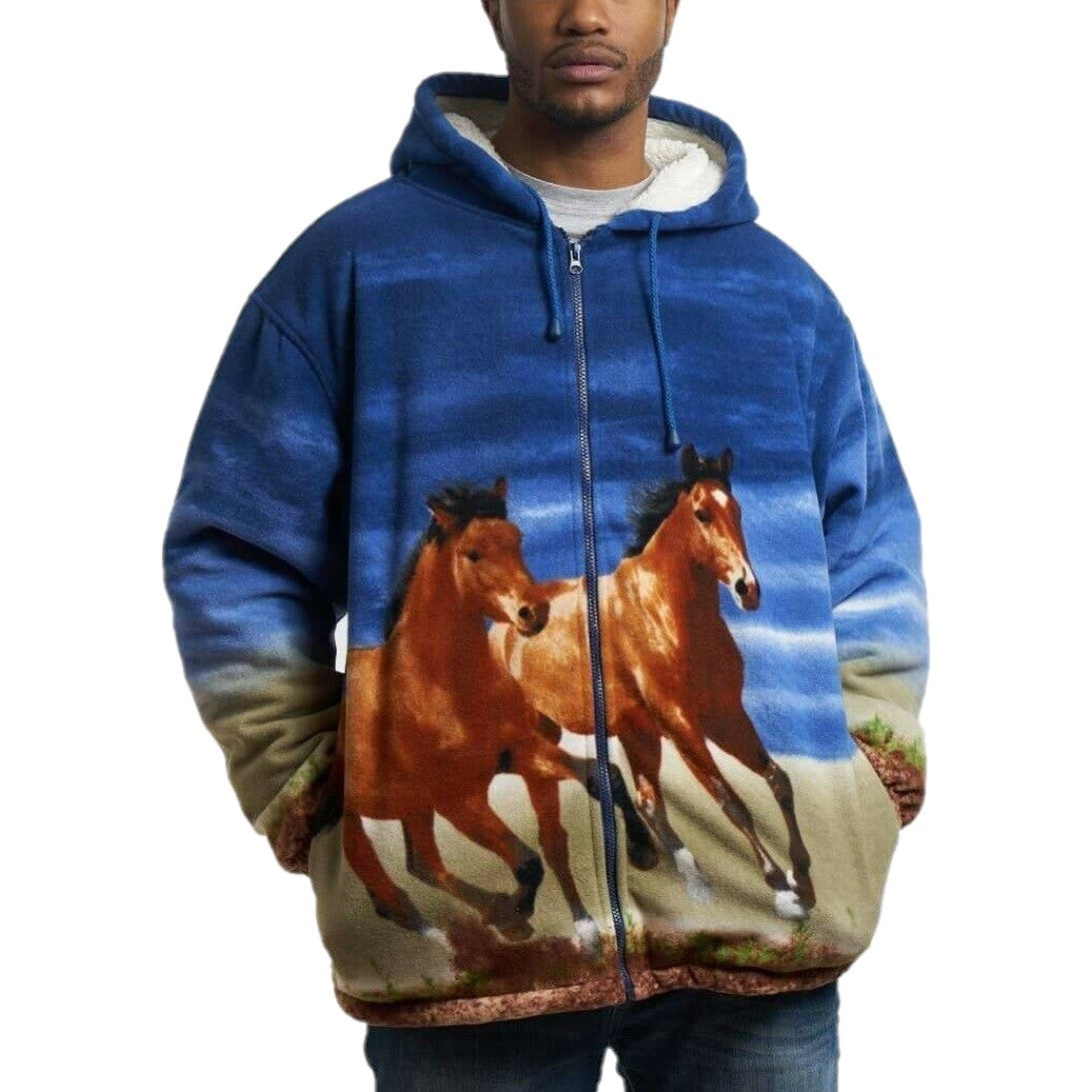 Load image into Gallery viewer, Wild Kind Men&amp;#39;s Full-Zip Plush Sherpa Horses On The Go Hoodie 2630-066
