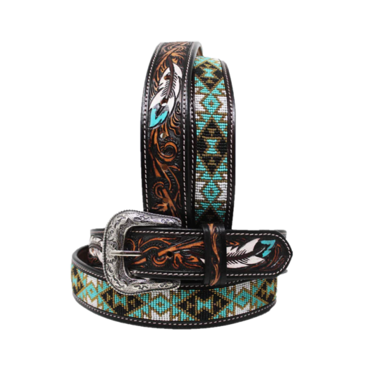 Challenger Men's Western Floral Tooled Turquoise Beaded Leather Belt 26FK60