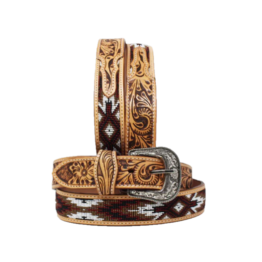 Challenger Men's Western Floral Tooled Brown Beaded Leather Belt 26RT19