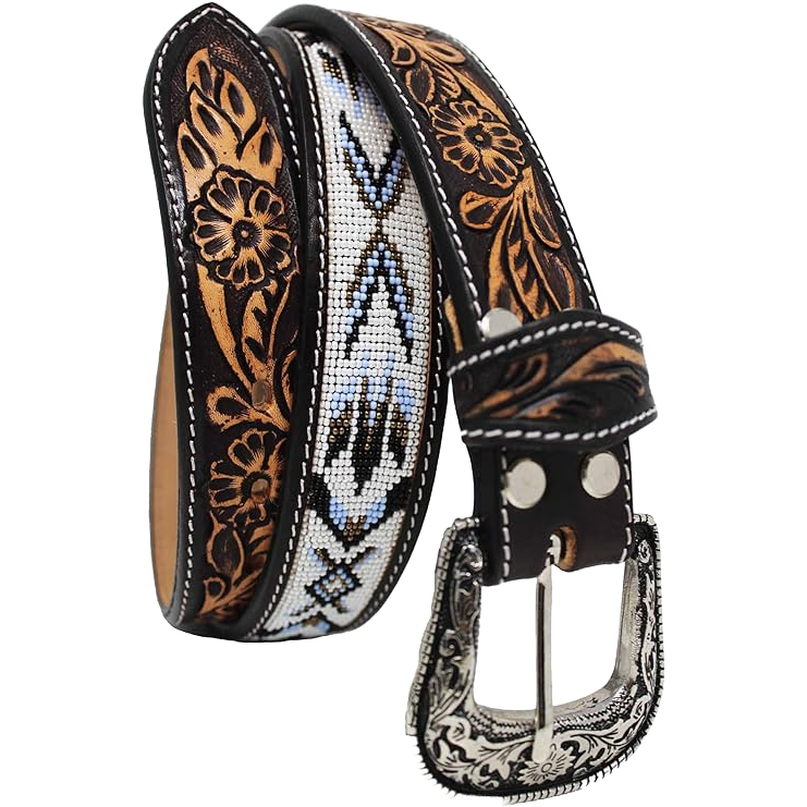 Challenger Men's Western Floral Tooled White Beaded Leather Belt 26RT43B