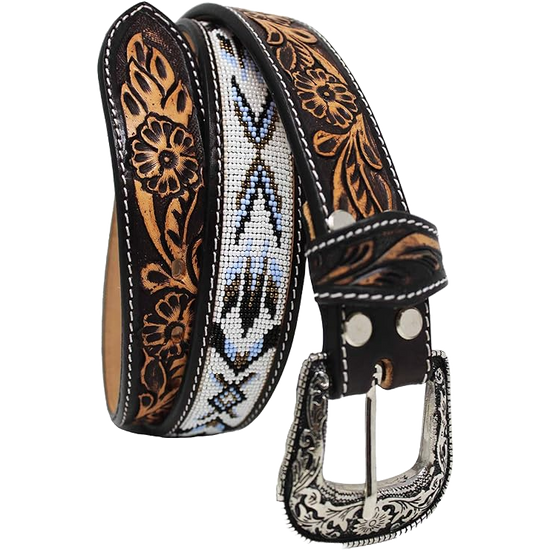Challenger Men's Western Floral Tooled White Beaded Leather Belt 26RT43B