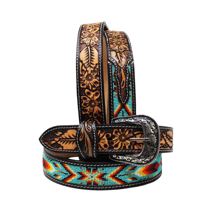 Challenger Men's Western Floral Tooled Turquoise Aztec Beaded Leather Belt 26RT48B