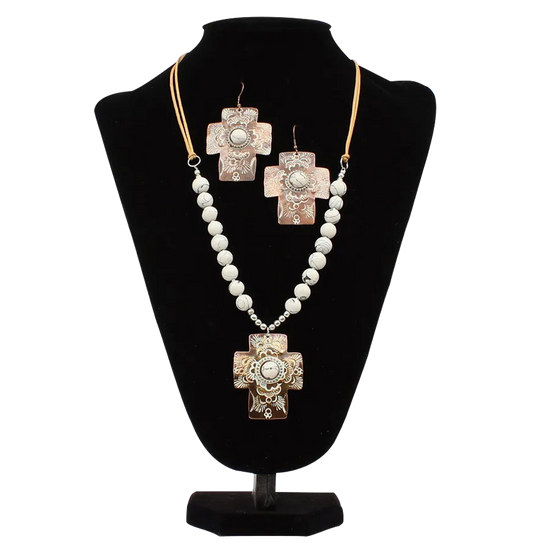 Blazin Roxx® Ladies White Etched Brown Cross Beaded Jewelry Set 29179