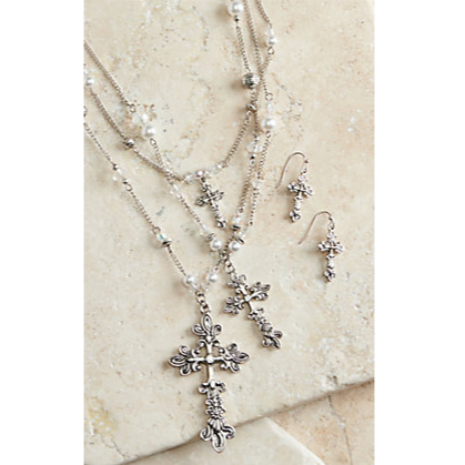 M&F® Ladies Cross & Pearl Long Layered Chain Jewelry Set 29383